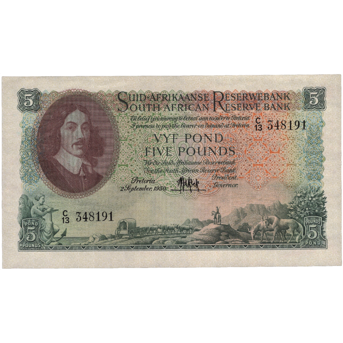 SOUTH AFRICA P.97a 1950 5 Pounds EF