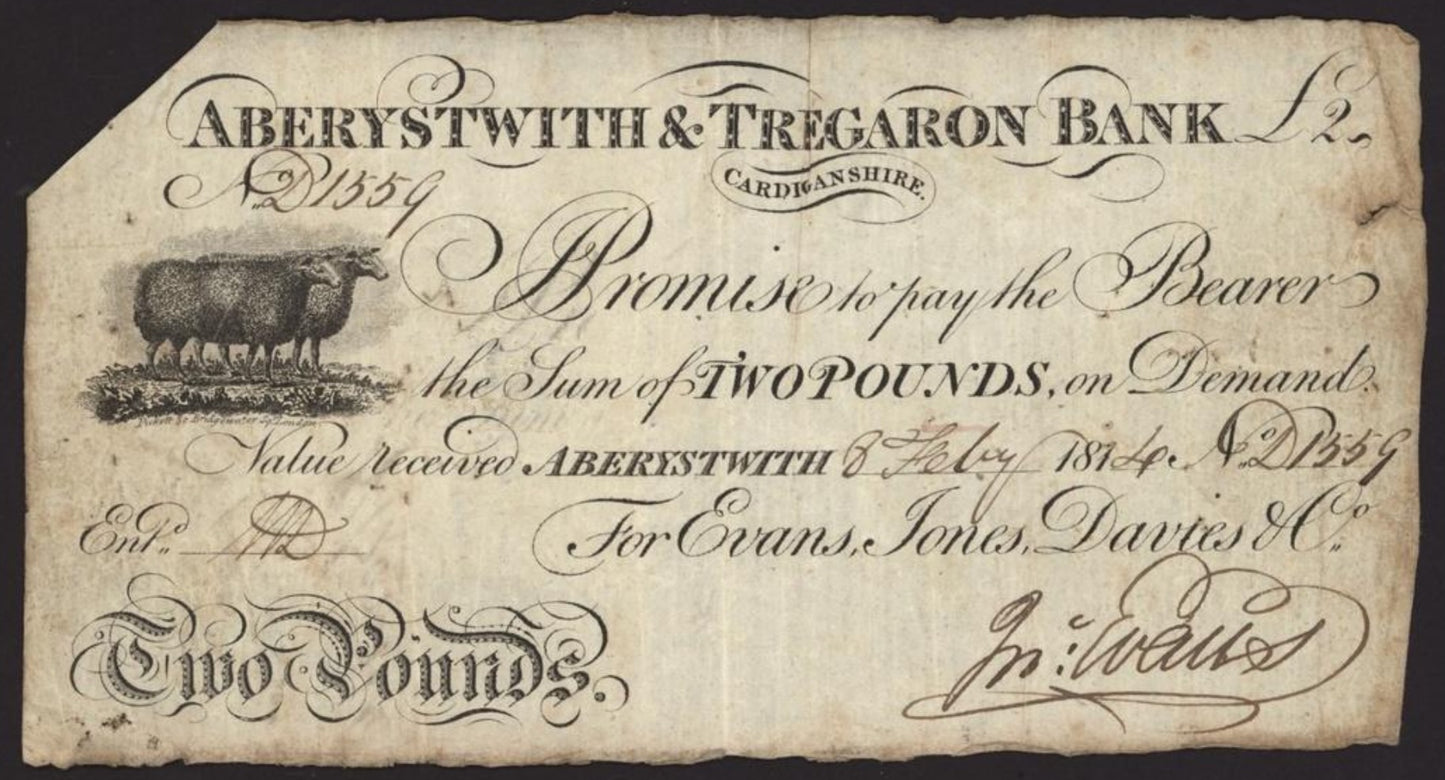 Aberystwyth & Tregaron Bank 1814 £2 banknote GF Outing 14c