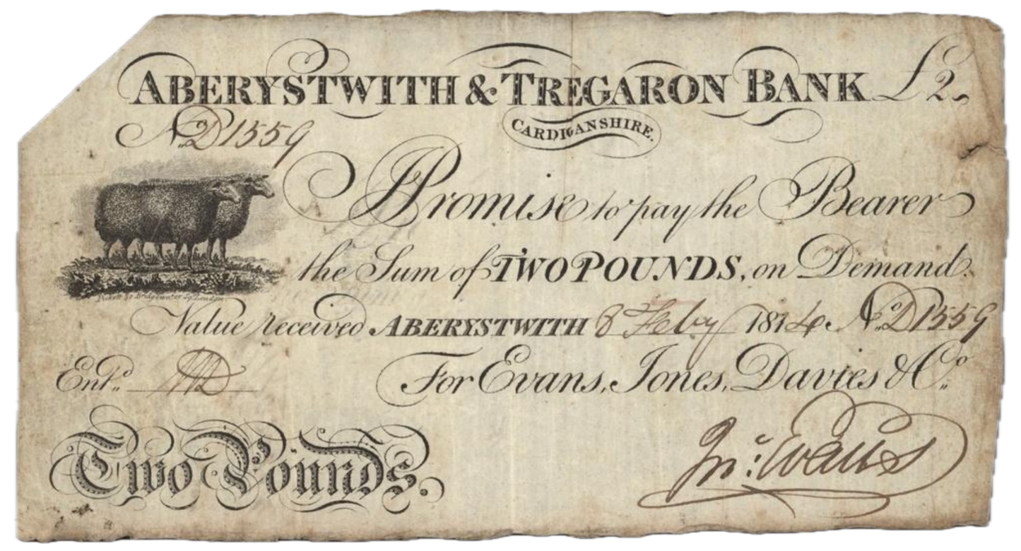 Aberystwyth & Tregaron Bank 1814 £2 banknote GF Outing 14c