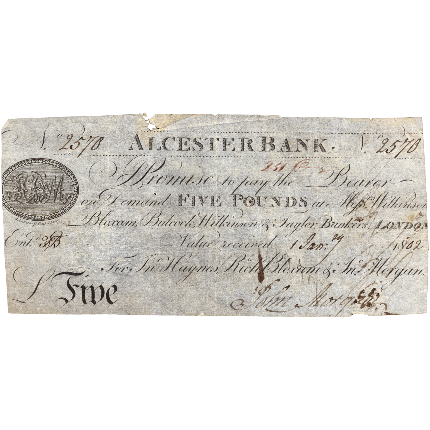 Alcester Bank 1806 £5 banknote Outing 28a