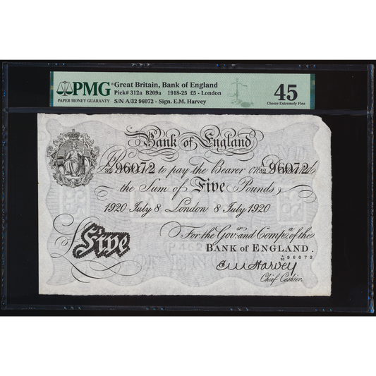 ENGLAND P.312a B209a 1920 Harvey £5 A32 Choice EF45