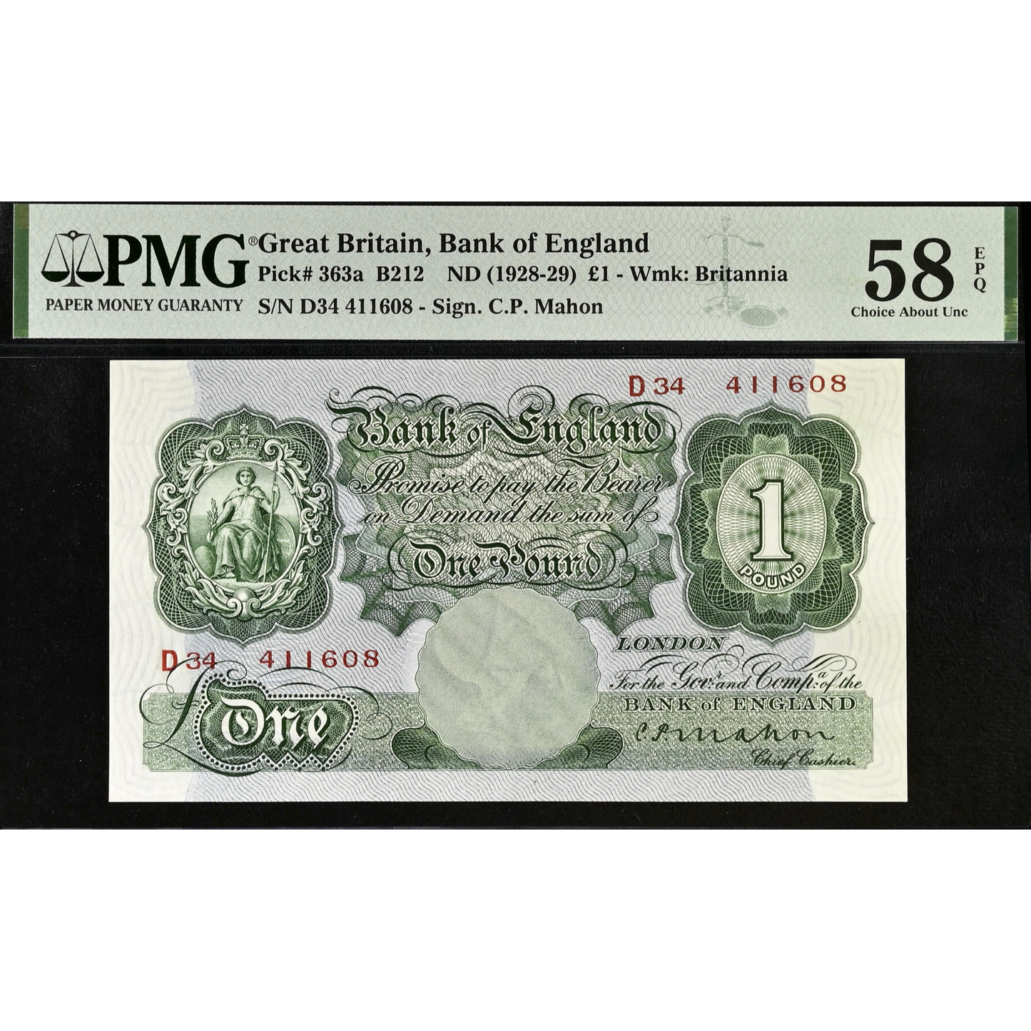 ENGLAND P.363a B212 1928-1929 Mahon £1 CHOICE AUNC 58 EPQ