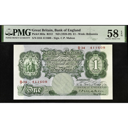 ENGLAND P.363a B212 1928-1929 Mahon £1 CHOICE AUNC 58 EPQ