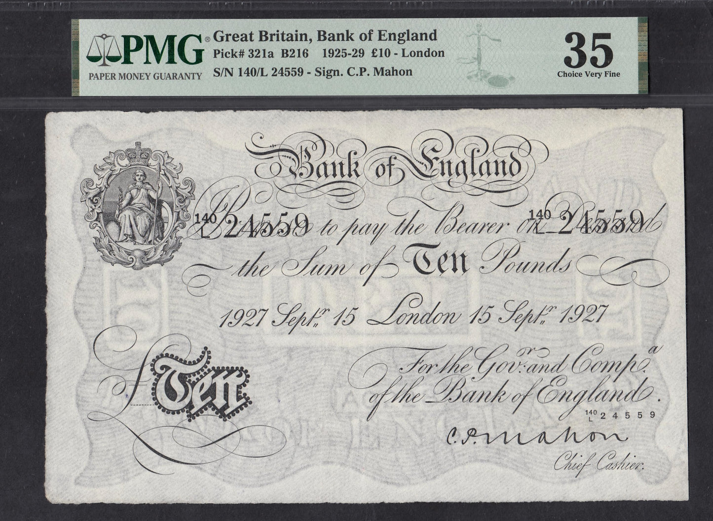 ENGLAND P.321a B216 1927 Mahon £10 140L Choice VF35