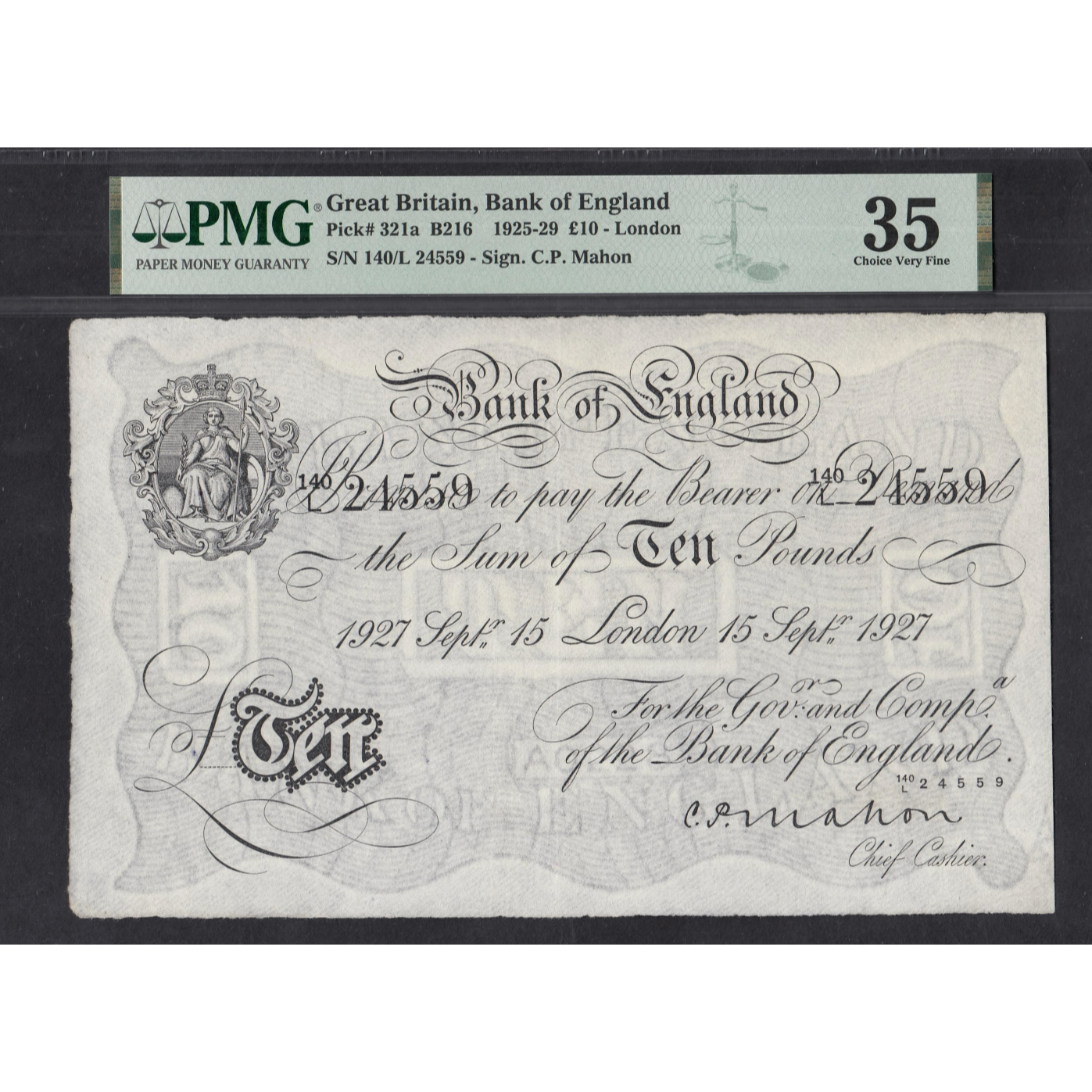 ENGLAND P.321a B216 1927 Mahon £10 140L Choice VF35