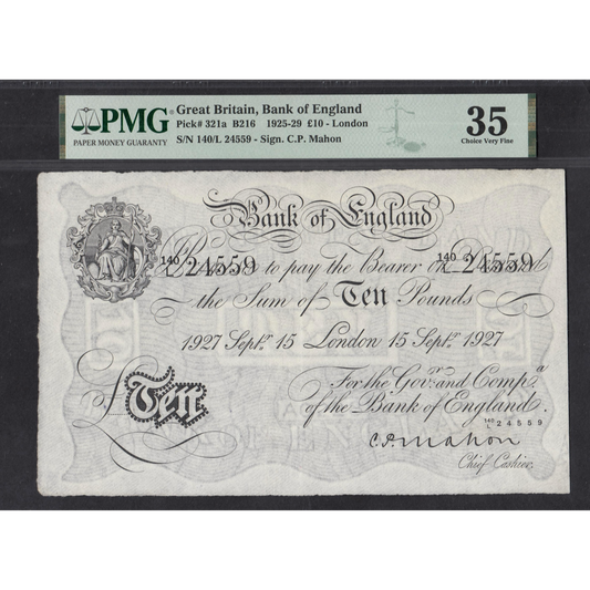 ENGLAND P.321a B216 1927 Mahon £10 140L Choice VF35