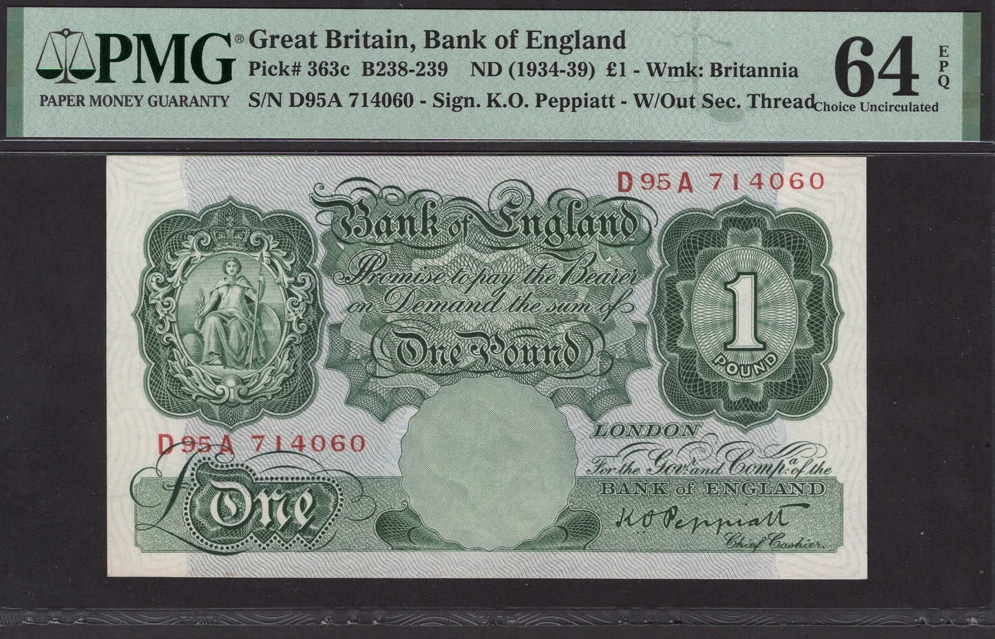 ENGLAND P.363c B239 1934 - 1939 Peppiatt £1 CHOICE UNC 64 EPQ