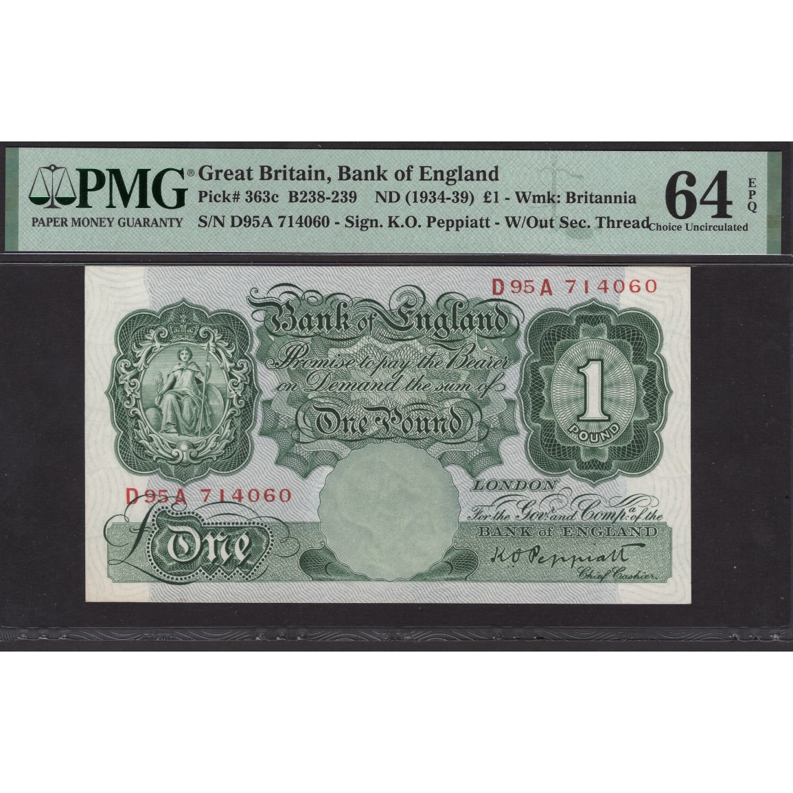ENGLAND P.363c B239 1934 - 1939 Peppiatt £1 CHOICE UNC 64 EPQ