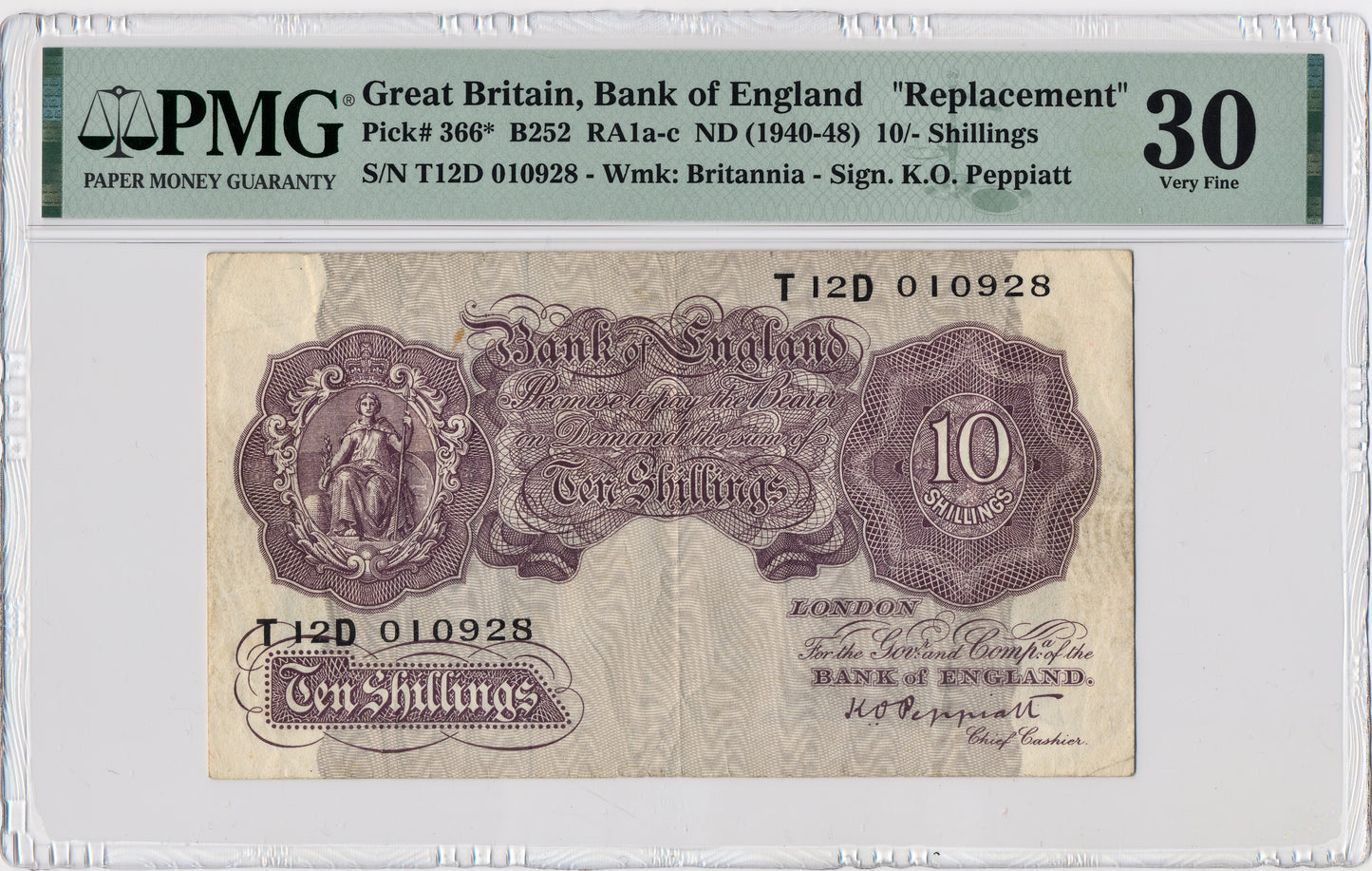 ENGLAND P.366 B252 1940-1948 Peppiatt 10s Last run Replacement note VF 30