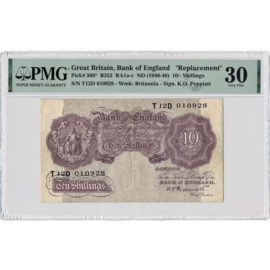 ENGLAND P.366 B252 1940-1948 Peppiatt 10s Last run Replacement note VF 30