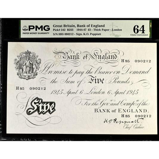 ENGLAND P.342 B255 1945 Peppiatt £5 H85 Choice UNC 64