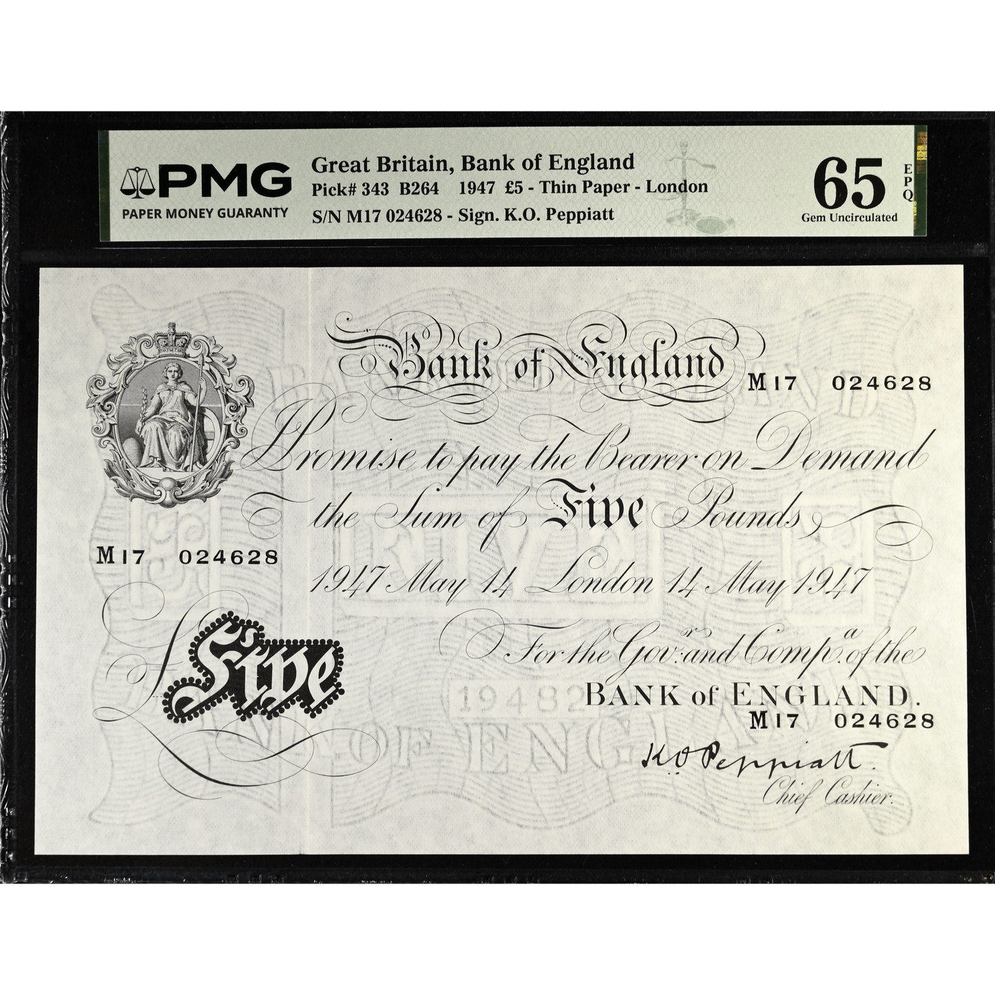 ENGLAND P.343 B264 1947 1947 Peppiatt £5 M17 GEM UNC 65 EPQ