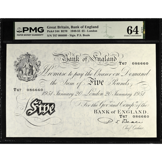 ENGLAND P.344 B270 1951 Beale £5 T67 GEM UNC 64 EPQ