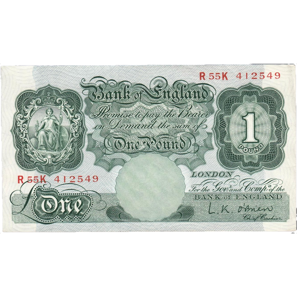 ENGLAND P.369c B273 1955 O'Brien £1 AUNC
