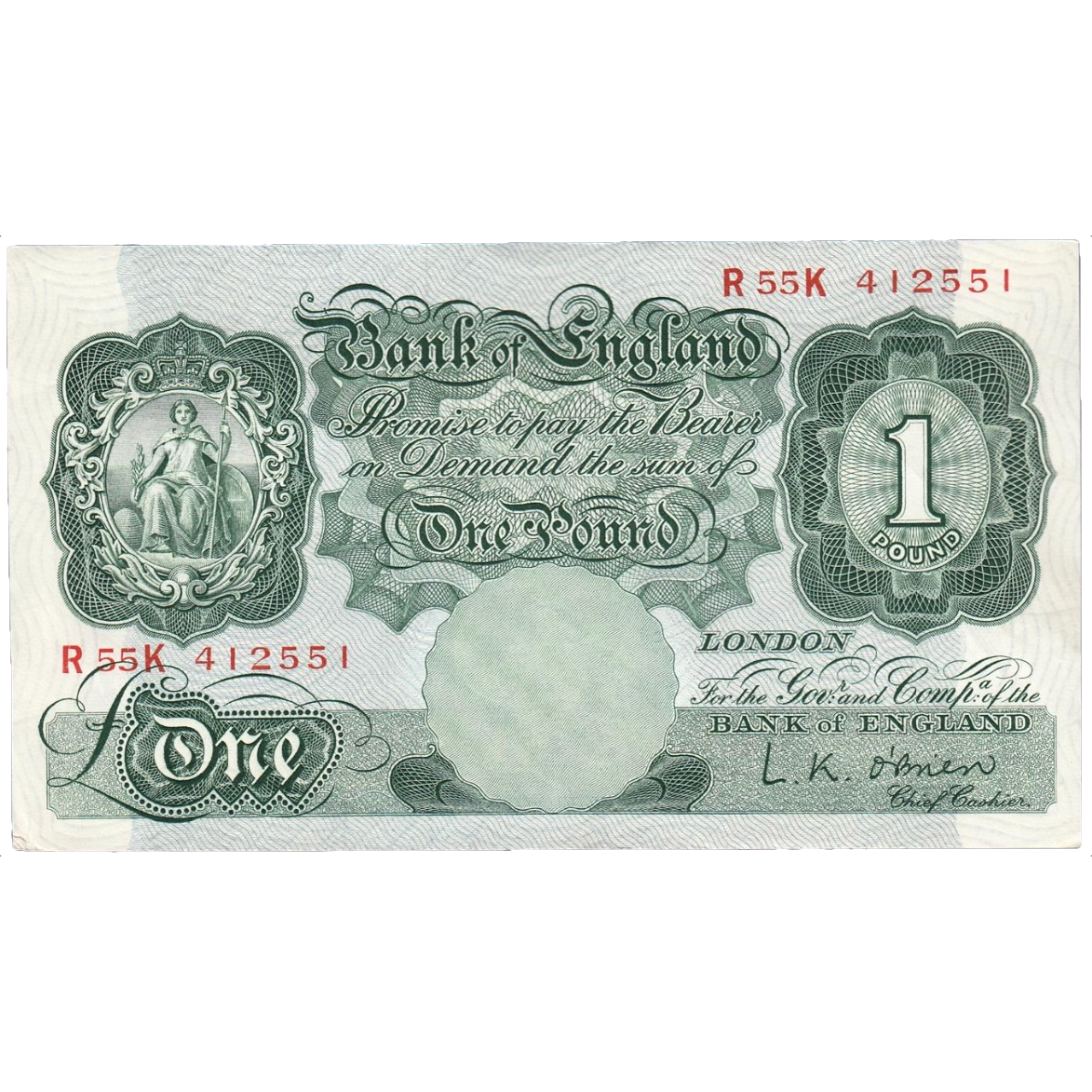 ENGLAND P.369c B273 1955 O'Brien £1 AUNC