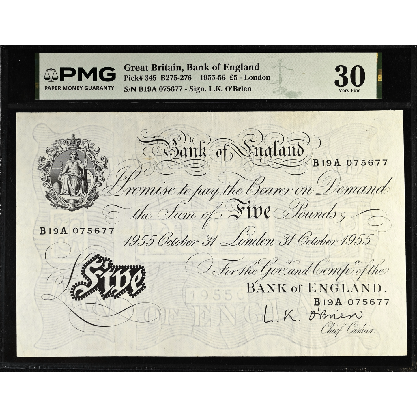 ENGLAND P.345 B276 1955 O'Brien £5 B19A VF 30