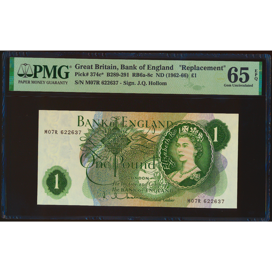 P.374c B291 1962-1966 Bank of England Replacement Hollom £1 M07R GEM UNC 65 EPQ