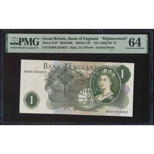 P.374f B304 1966-1970 Bank of England Replacement Fforde £1 M30N CHOICE UNC 64