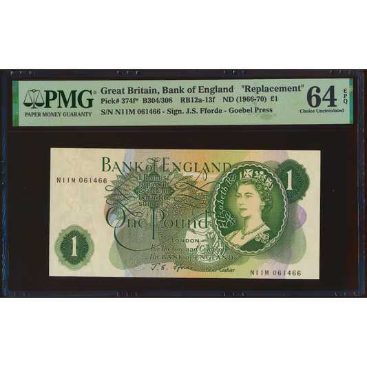 P.374f B308 1966-1970 Bank of England Replacement Fforde £1 N11M CHOICE UNC 64 EPQ