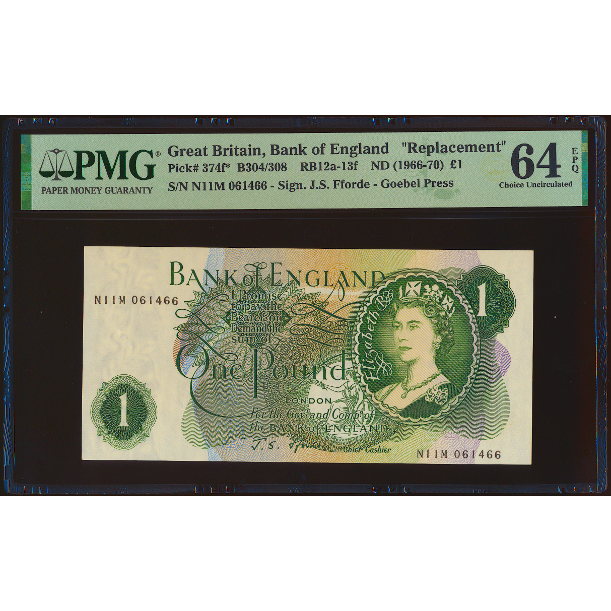 ENGLAND P.374f B308 1966-1970 Replacement Fforde £1 N11M CHOICE UNC 64 EPQ