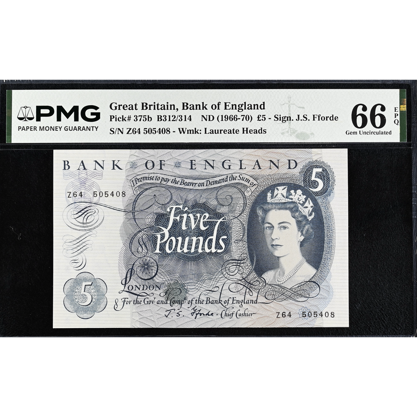 ENGLAND P.375b B312 1966-1970 Fforde £5 Last series Z64 Gem UNC 66 EPQ
