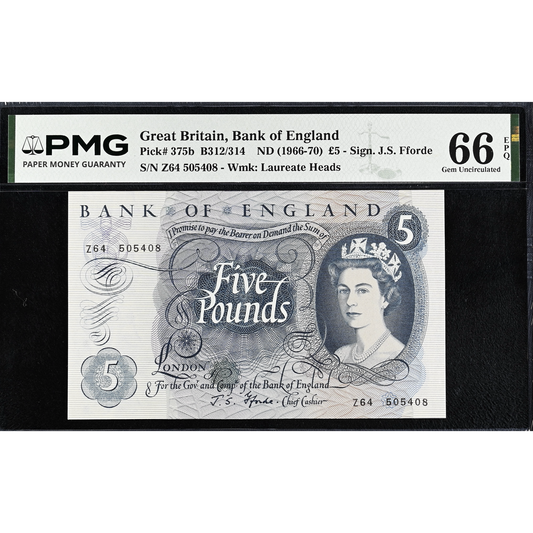 ENGLAND P.375b B312 1966-1970 Fforde £5 Last series Z64 Gem UNC 66 EPQ