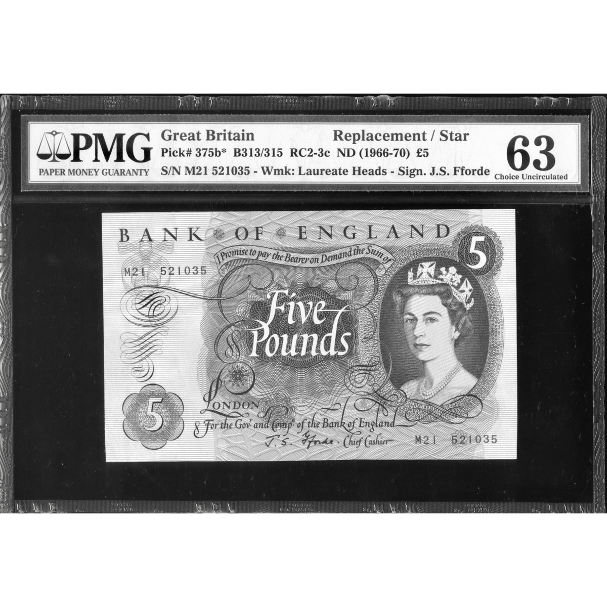 ENGLAND P.375b B313 1966-1970 Replacement Fforde M21 £5 Choice 63 UNC