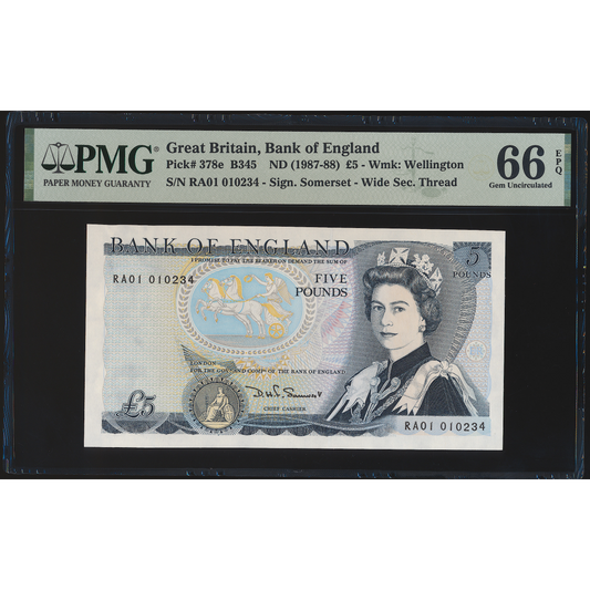 P.378e B345 1987-1988 Bank of England Somerset First run £5 RA01 GEM UNC 65 EPQ