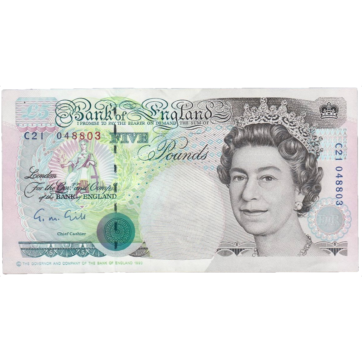 ENGLAND P.382a B357 1990-1991 Gill £5 UNC