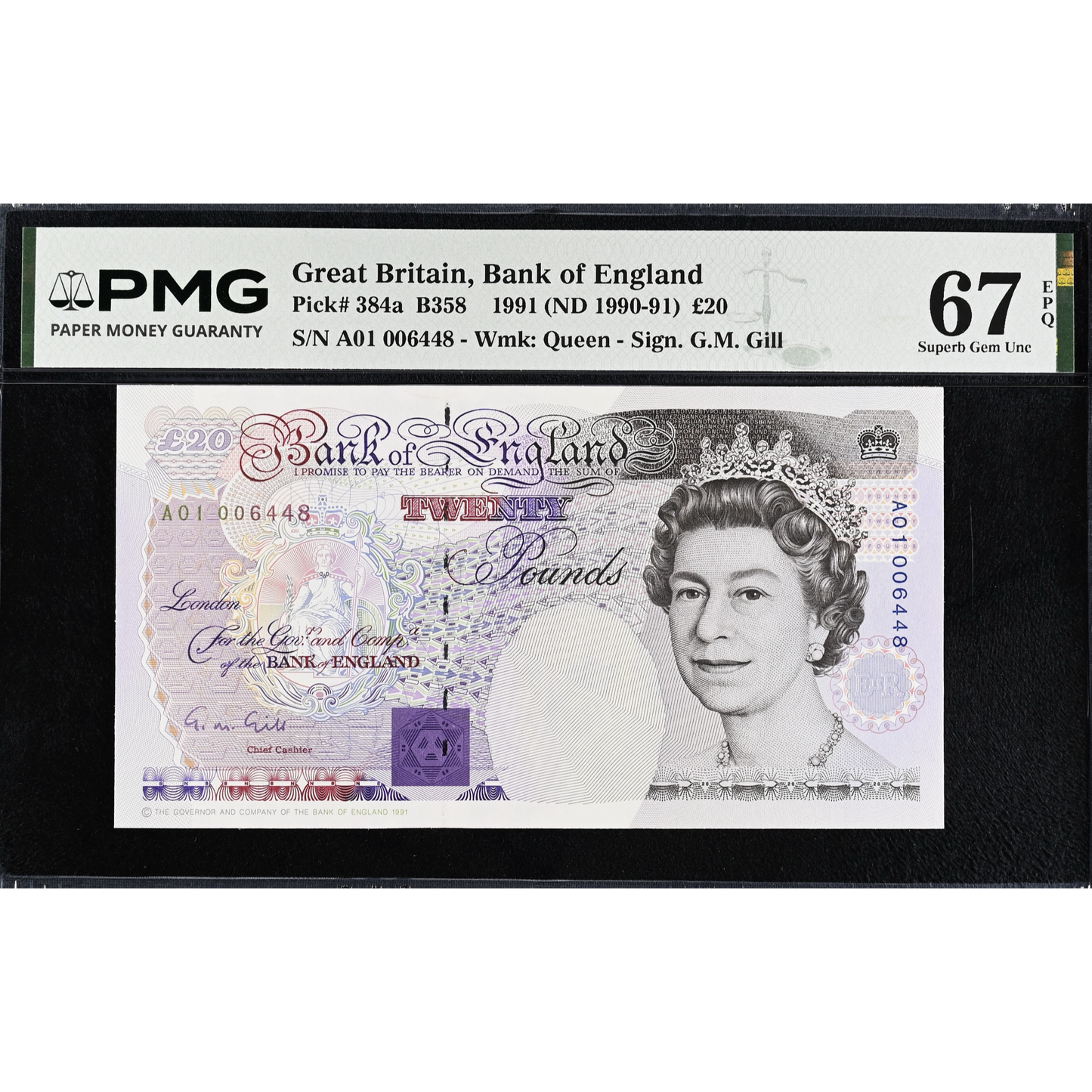 ENGLAND P.384a B358 Gill £20 UNC First run A01 Superb Gem UNC 67 EPQ