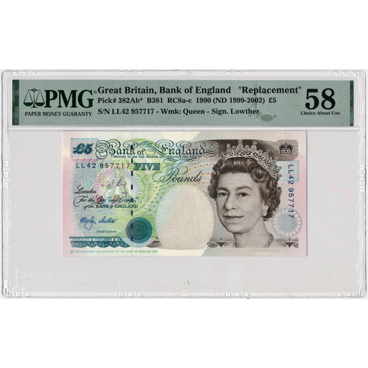 ENGLAND P.382Ab B381 1991-2002 Lowther £5 Replacement LL42 Choice AUNC 58