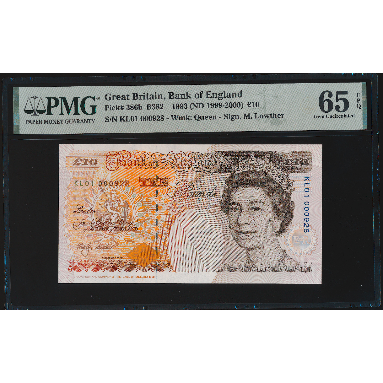 ENGLAND P.386b B382 1999-2000 Lowther First run £10 KL01 low serial no GEM UNC 65 EPQ