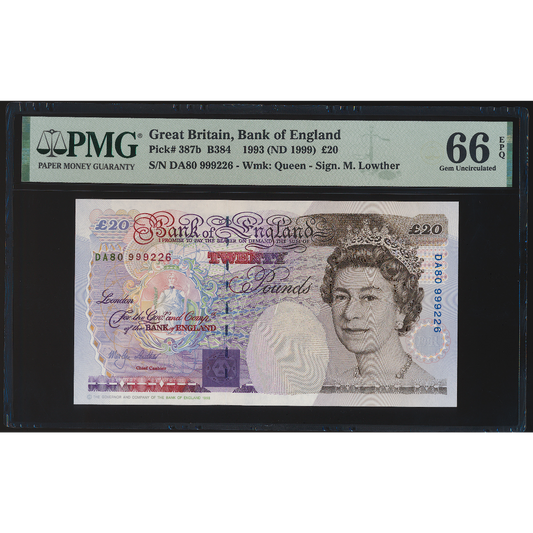 P.387b B384 1999 Bank of England Lowther Last run £20 DA80 GEM UNC 66 EPQ