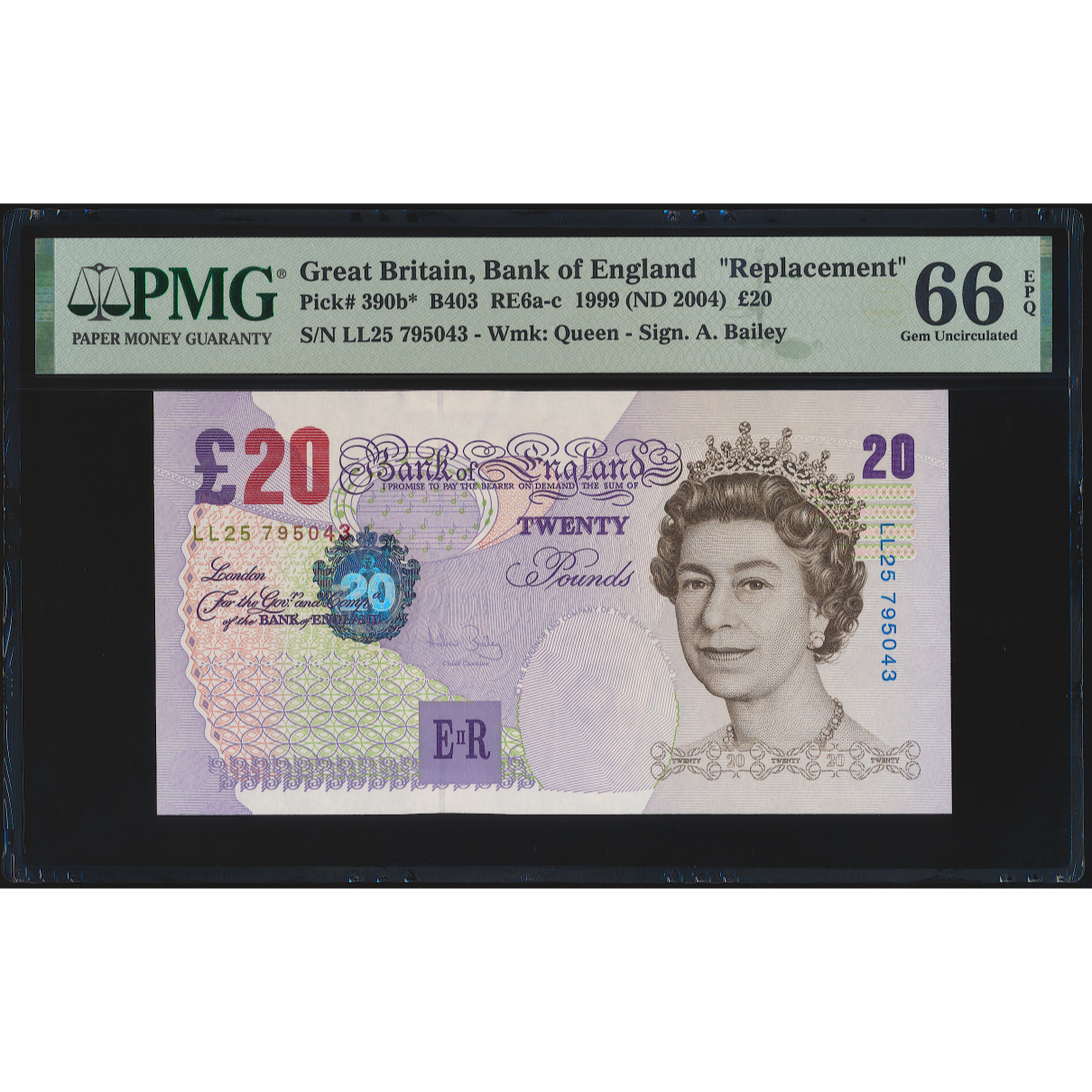 ENGLAND P.390b B403 2004 Bailey Replacement £20 LL25 GEM UNC 66 EPQ