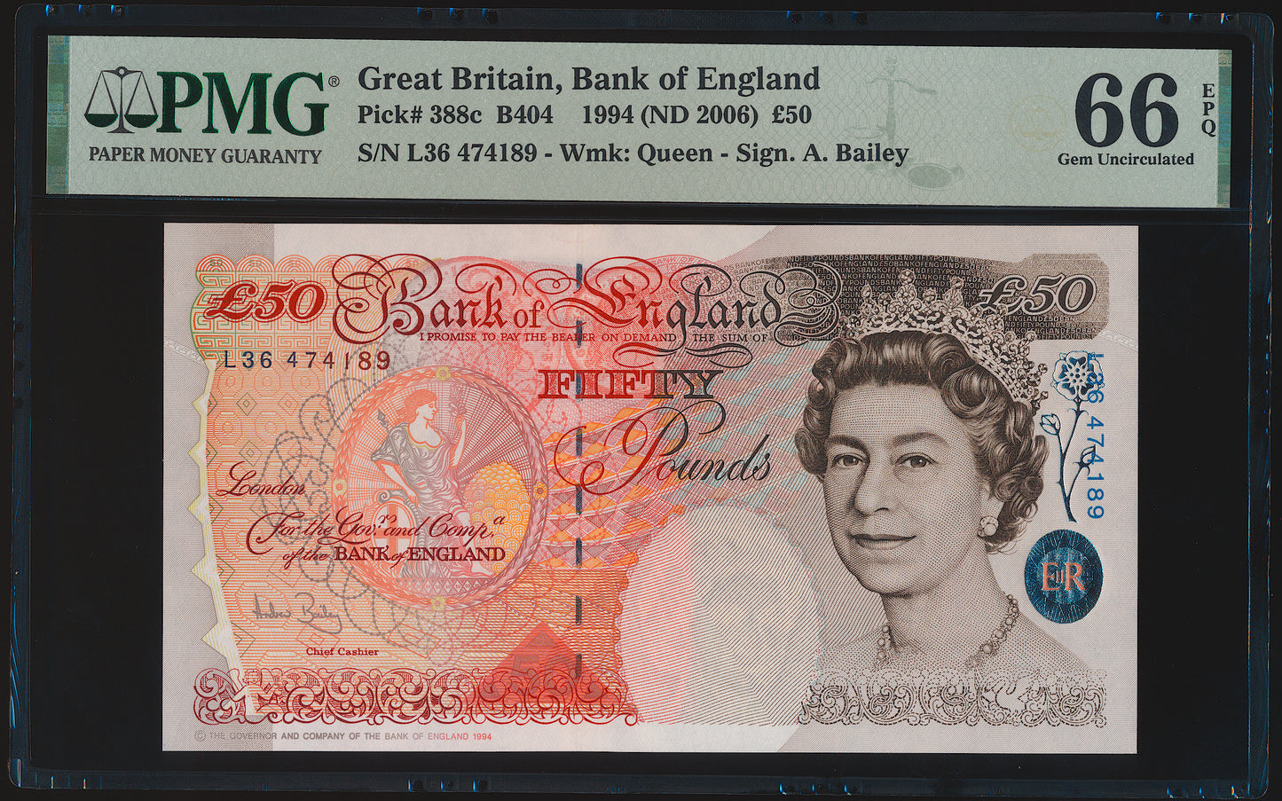 ENGLAND P.388c B404 2006-2011 Bailey Column Sort £50 L36 GEM UNC 66 EPQ