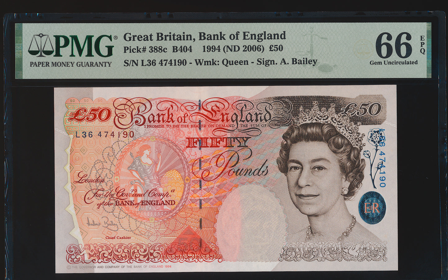 ENGLAND P.388c B404 2006-2011 Bailey Column Sort £50 L36 GEM UNC 66 EPQ