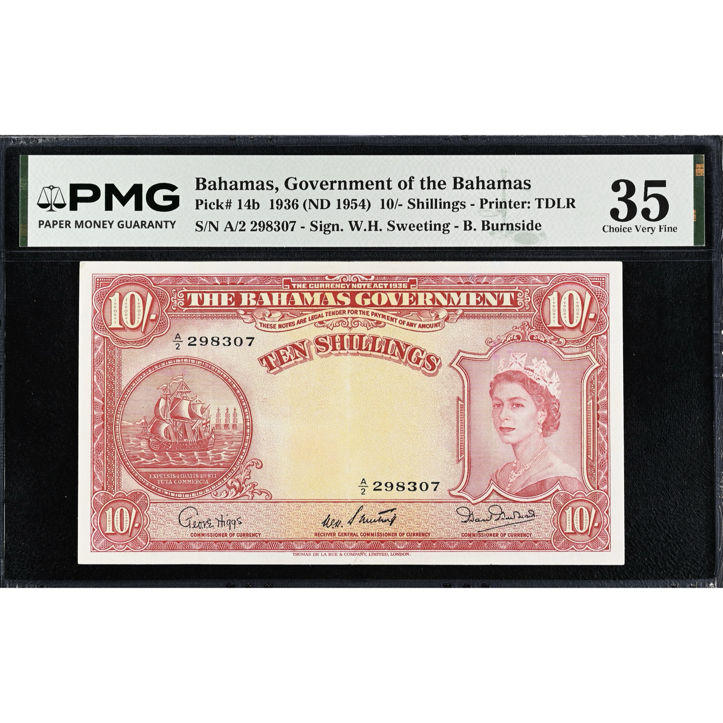 BAHAMAS P.14b 1953 10 Shillings Choice VF 35