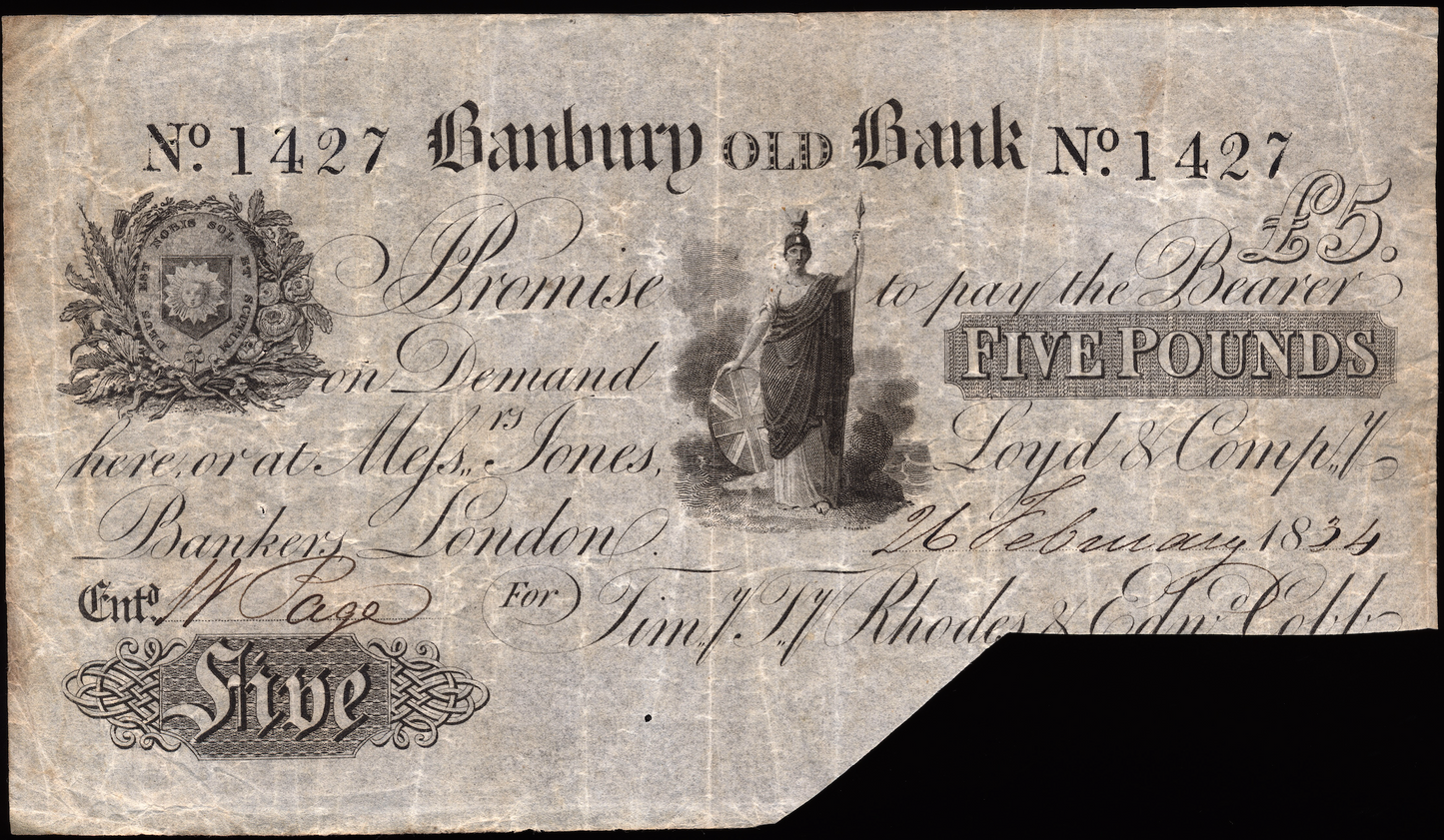 Banbury Old Bank 1834 £5 banknote Outing 71i