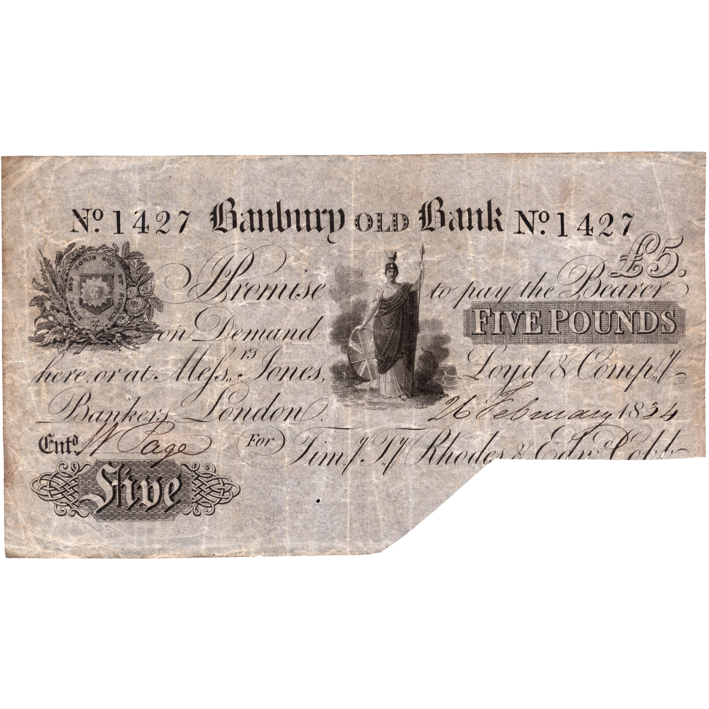 Banbury Old Bank 1834 £5 banknote Outing 71i