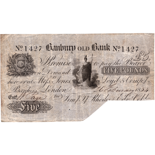 Banbury Old Bank 1834 £5 banknote Outing 71i