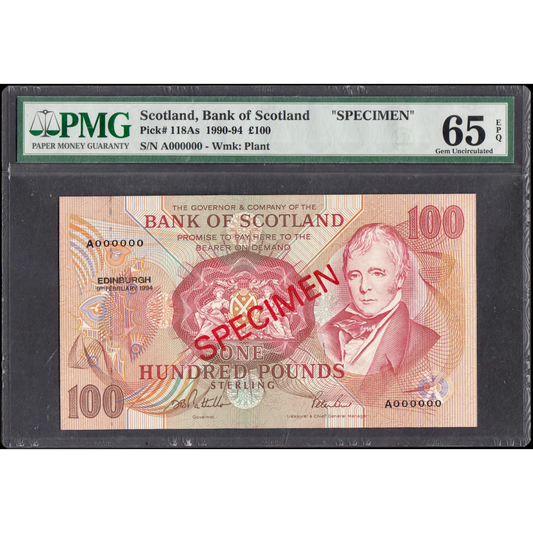 SCOTLAND P.118As SC175 1994 Bank of Scotland £100 Specimen GEM UNC 65EPQ