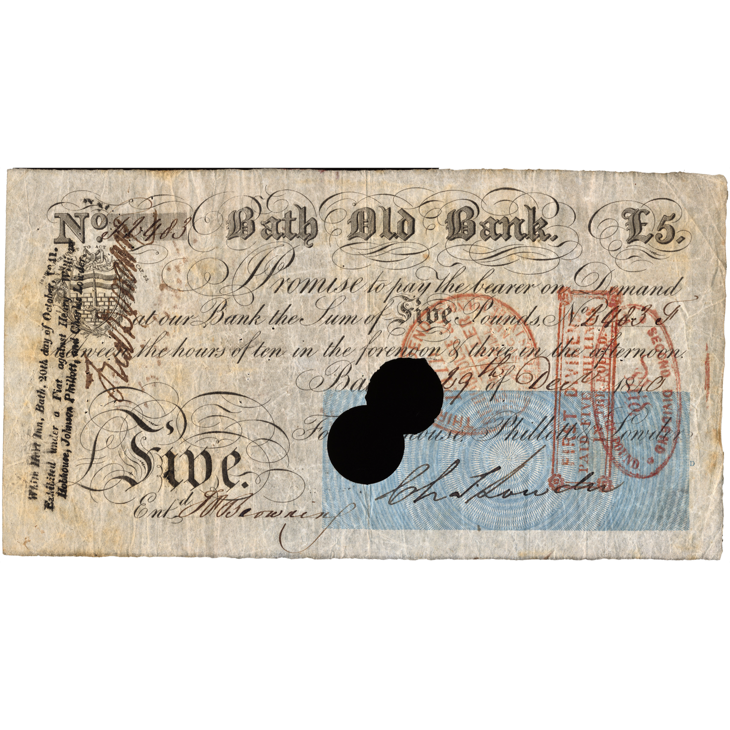 Bath Old Bank 1840 £5 banknote Outing 86d