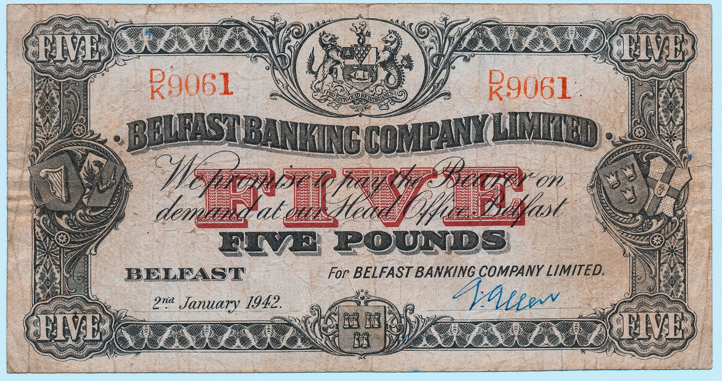 NI302b P.127b 1940 Belfast Banking Company Limited £5 F