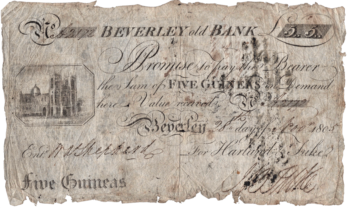 Beverley Old Bank 1805 5 Guineas banknote Outing 128b Scarce