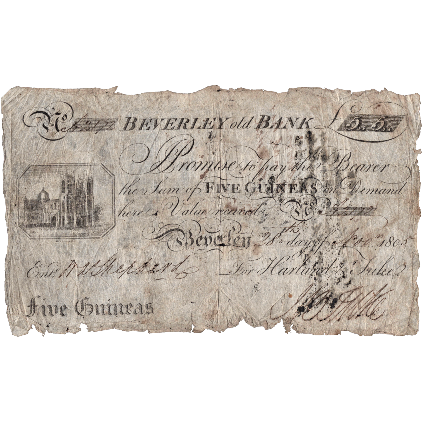 Beverley Old Bank 1805 5 Guineas banknote Outing 128b Scarce