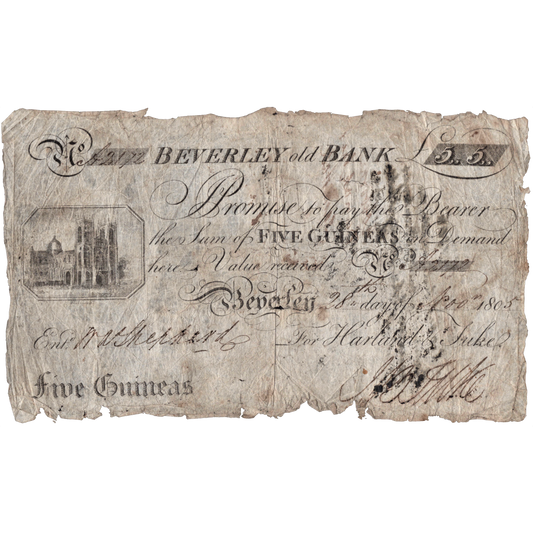 Beverley Old Bank 1805 5 Guineas banknote Outing 128b Scarce