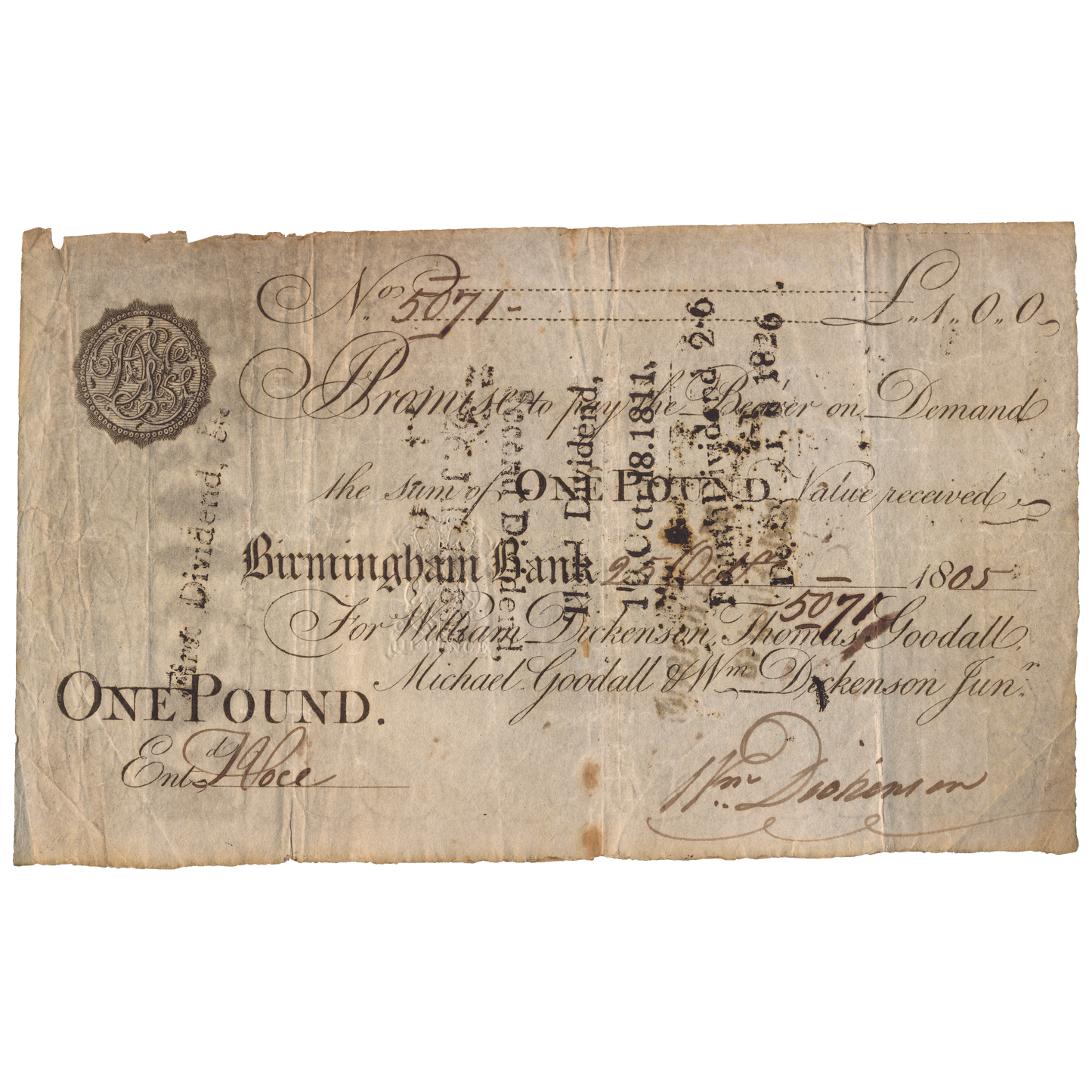 Birmingham Bank 1805 £1 banknote Outing 165b