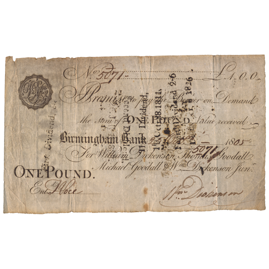 Birmingham Bank 1805 £1 banknote Outing 165b