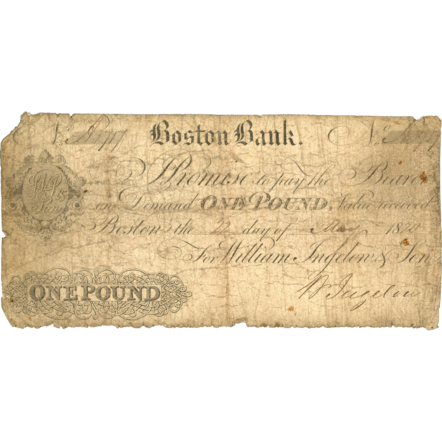Boston Bank 1822 £1 banknote Outing 227b