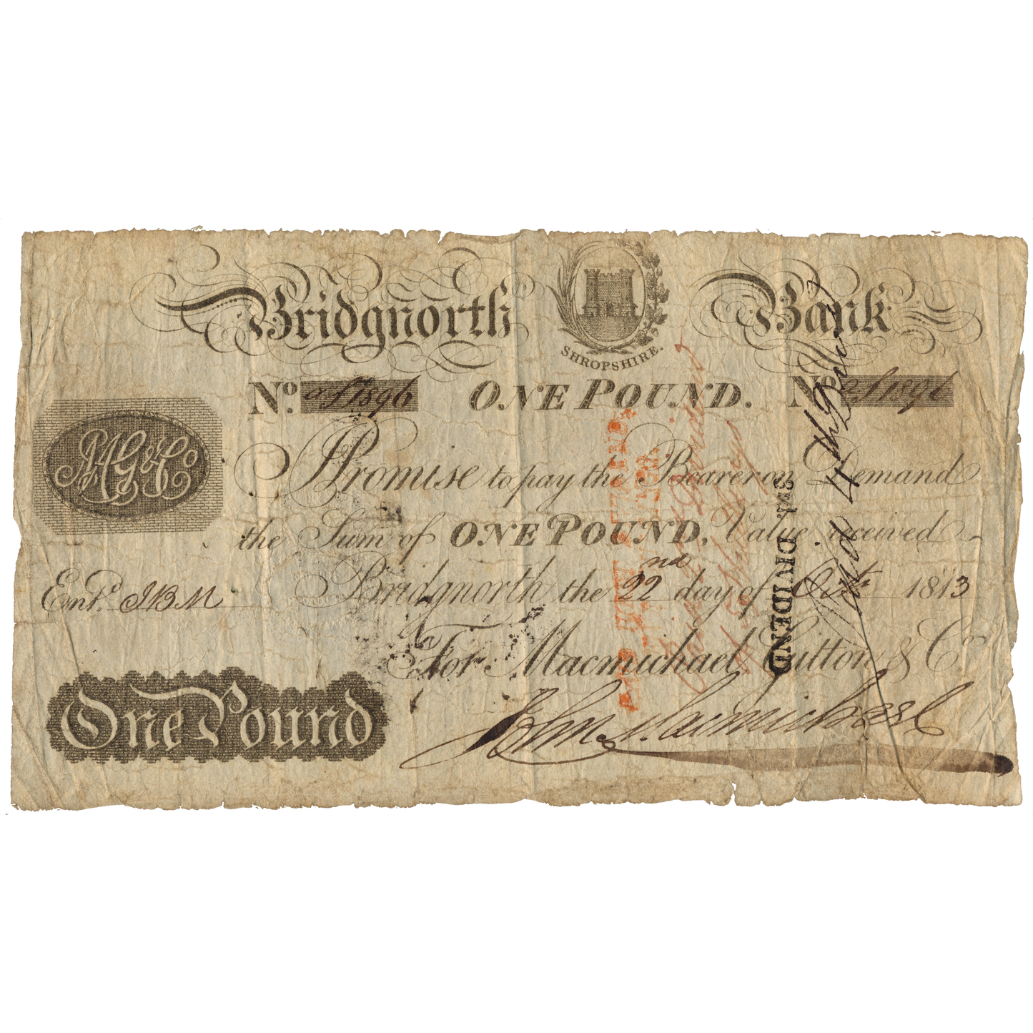 Bridgnorth Bank 1813 £1 banknote VG Outing 277a